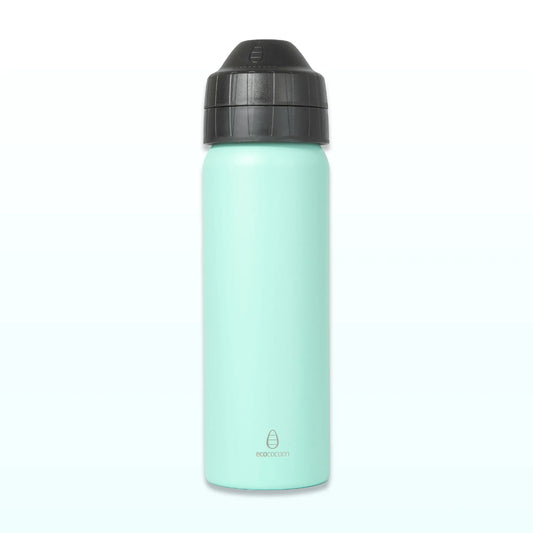 Mint green 600ml insulated stainless steel drink bottle with a black leak-free lid