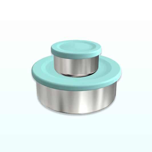 Two stainless steel snack pots with turquoise silicone lids, the smaller stacked on the larger