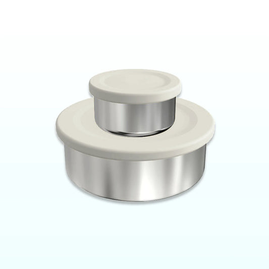 Two stainless steel snack pots with stone grey silicone lids, the smaller stacked on the larger