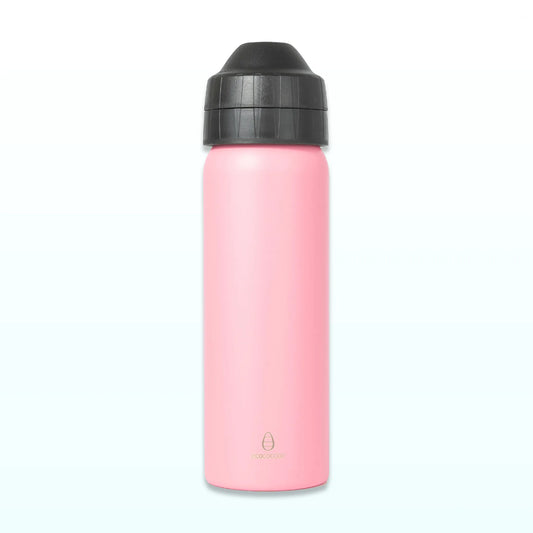 Pink 600ml insulated stainless steel drink bottle with a black leak-free lid