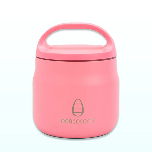 Coral pink insulated stainless steel food jar with a carry-handle lid