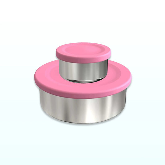 Two stainless steel snack pots with pink silicone lids, the smaller stacked on the larger