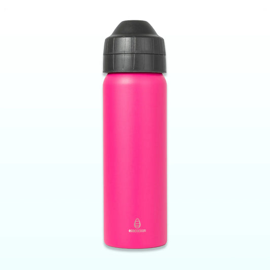 Bright pink 600ml insulated stainless steel drink bottle with a black leak-free lid