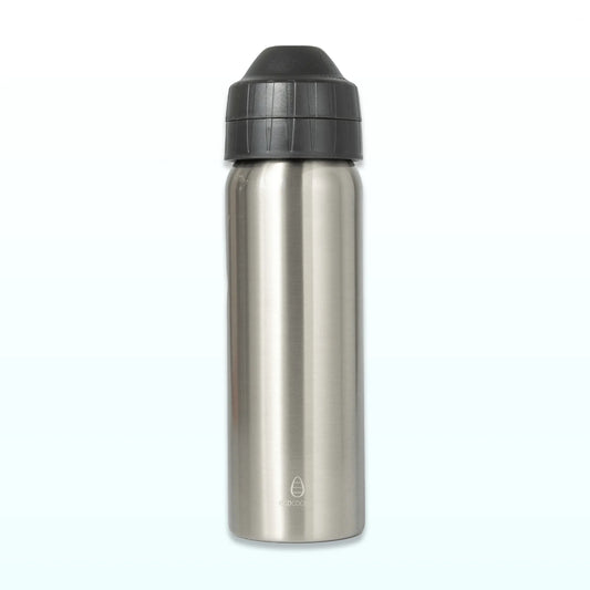 Brushed silver 600ml insulated stainless steel drink bottle with a black leak-free lid