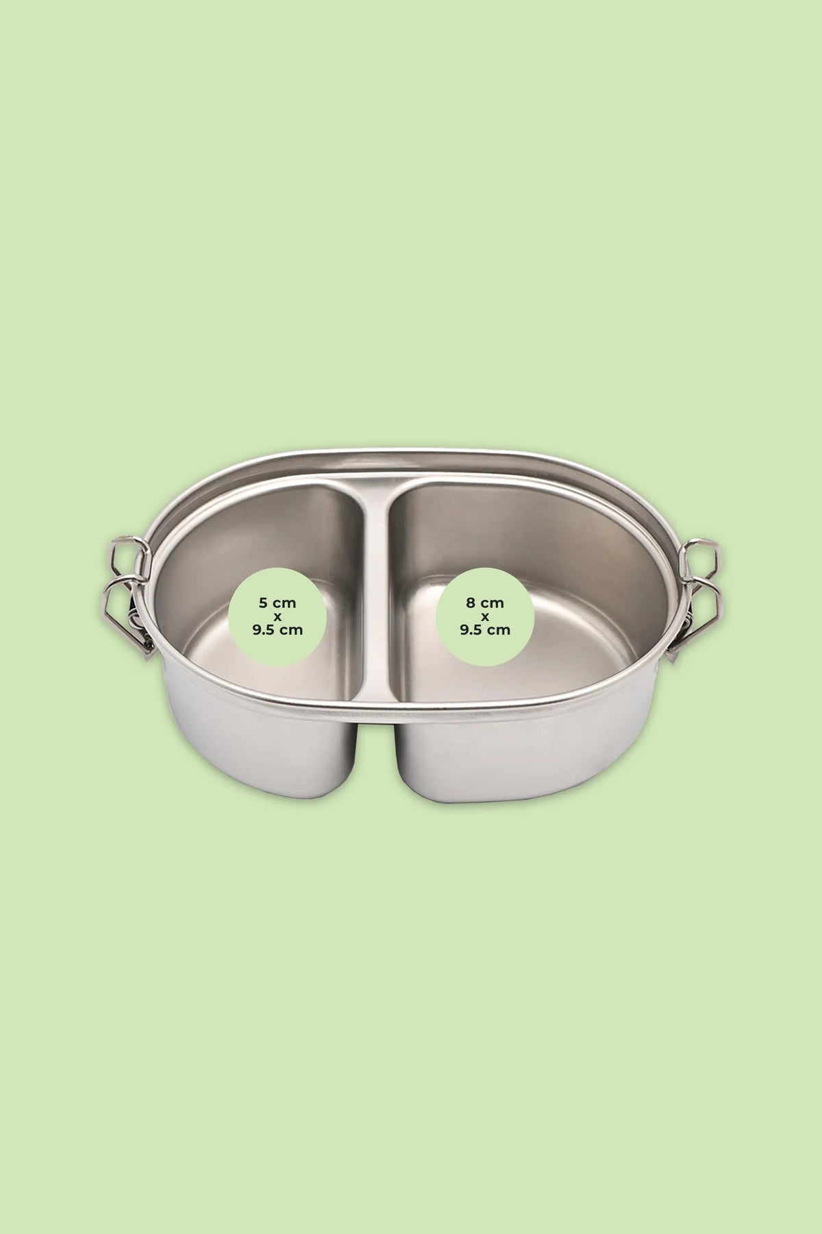 A stainless steel two-compartment bento box with side handles, shown on a light green background with two circular size stickers indicating compartment dimensions.