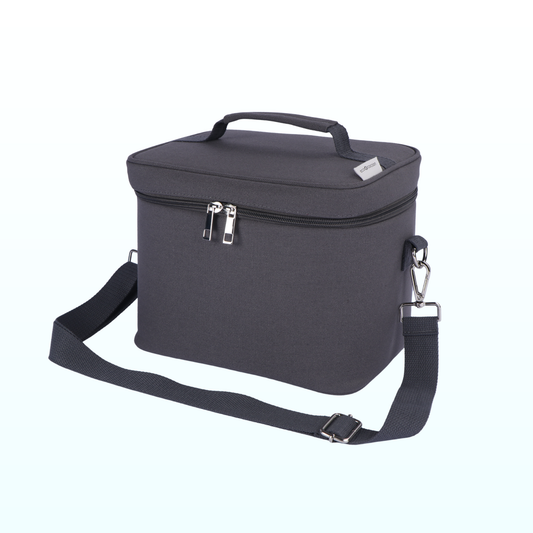 Charcoal insulated urban lunch bag with a top handle, front clips and an adjustable shoulder strap