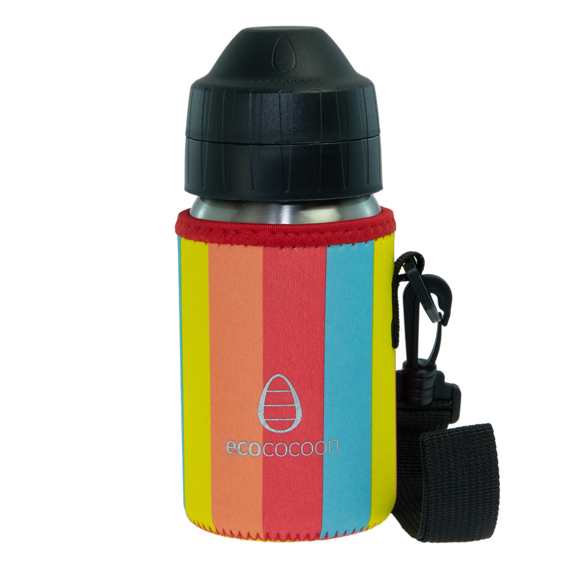 Small bottle cover in vertical rainbow stripes with a dark teal bottle lid