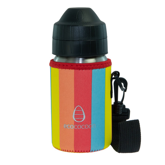 Small bottle cover in vertical rainbow stripes with a dark teal bottle lid