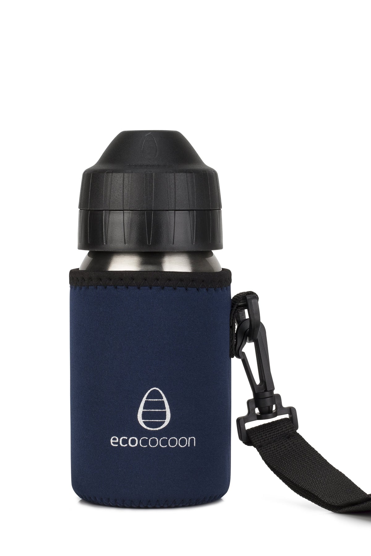 Navy blue small bottle cover with a black shoulder strap on a drink bottle