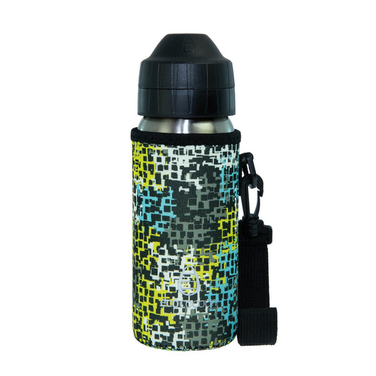 Medium bottle cover in a green and yellow digital graffiti print with a black strap