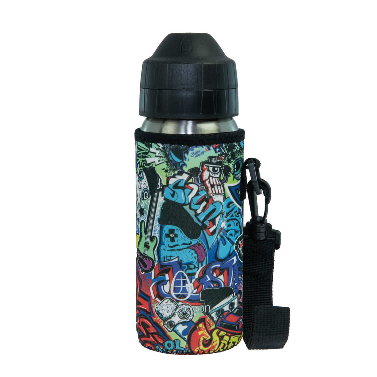 Medium bottle cover in a blue comic-book graffiti print with a black shoulder strap