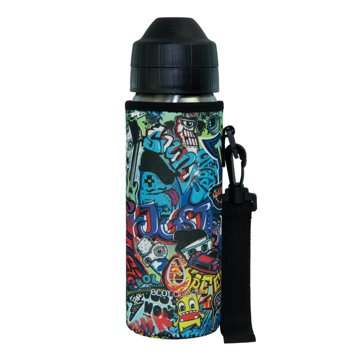 Bottle cover in a colourful comic-book graffiti print with a black shoulder strap