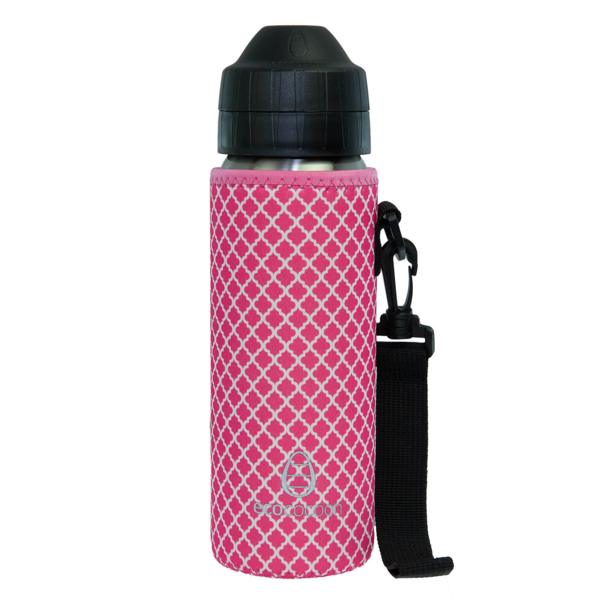 Pink bottle cover with a white lattice pattern and a black shoulder strap