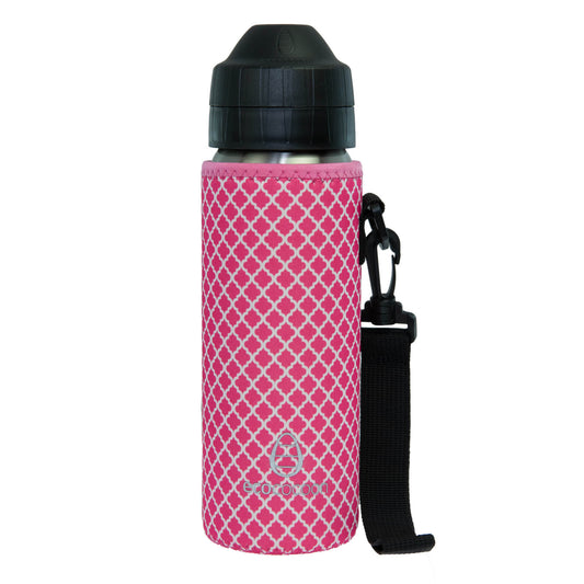 Pink bottle cover with a white lattice pattern and a black shoulder strap