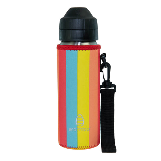 Red bottle cover with vertical rainbow stripes and a black shoulder strap