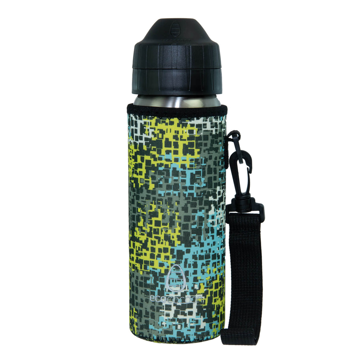 Bottle cover in a blue and green digital graffiti print with a black shoulder strap