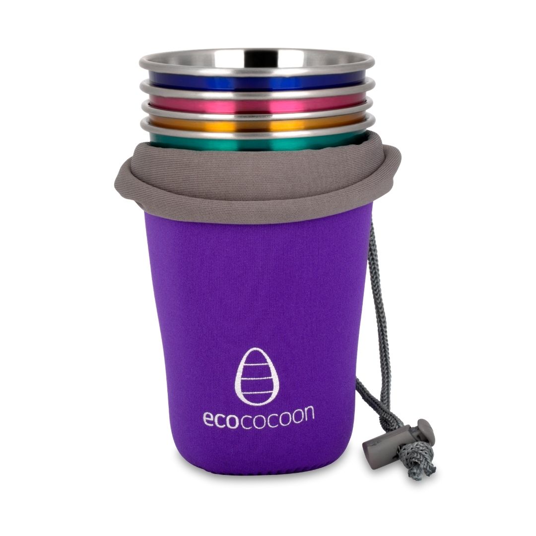 A purple cup cover with the ecococoon brand logo, designed to hold multiple cups, with a drawstring and toggle.
