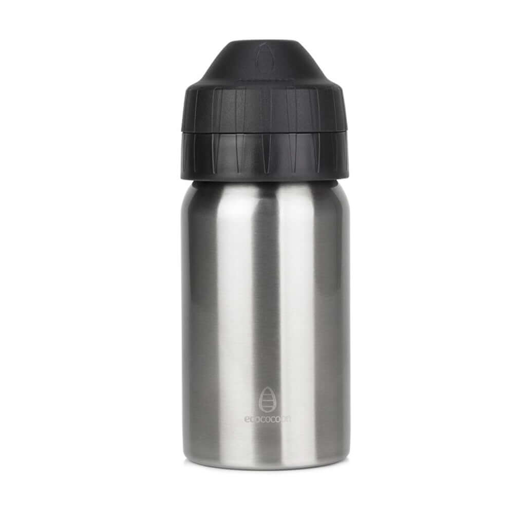 Brushed stainless steel 350ml drink bottle with a black leak-free screw lid