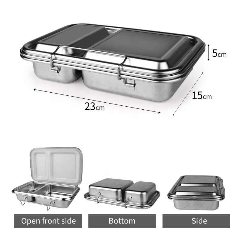 Bento Lunch Box 2 dimensions diagram, 23cm long by 15cm wide by 5cm deep, with front, bottom and side views