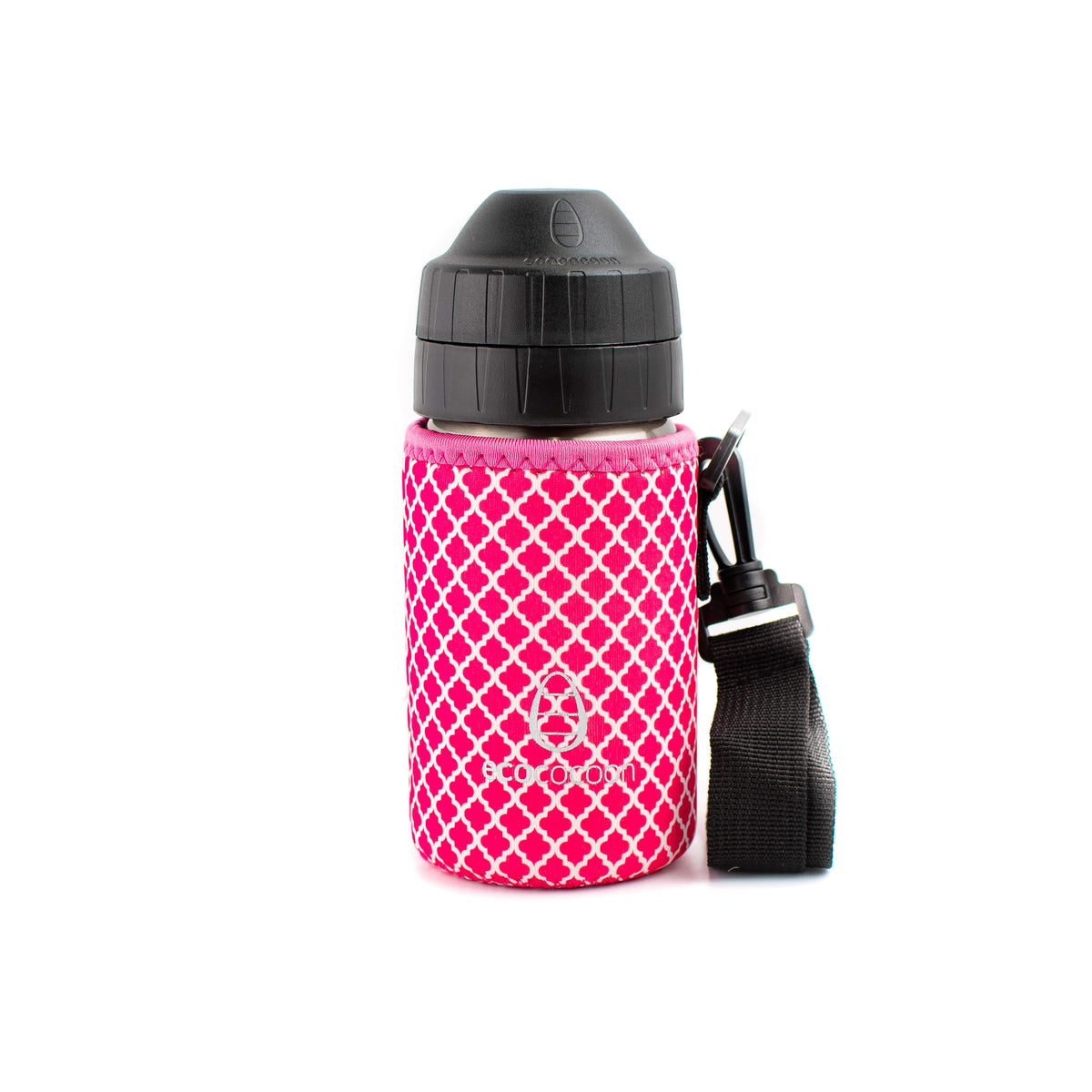 Pink and white lattice print bottle cover with a black shoulder strap on a small drink bottle