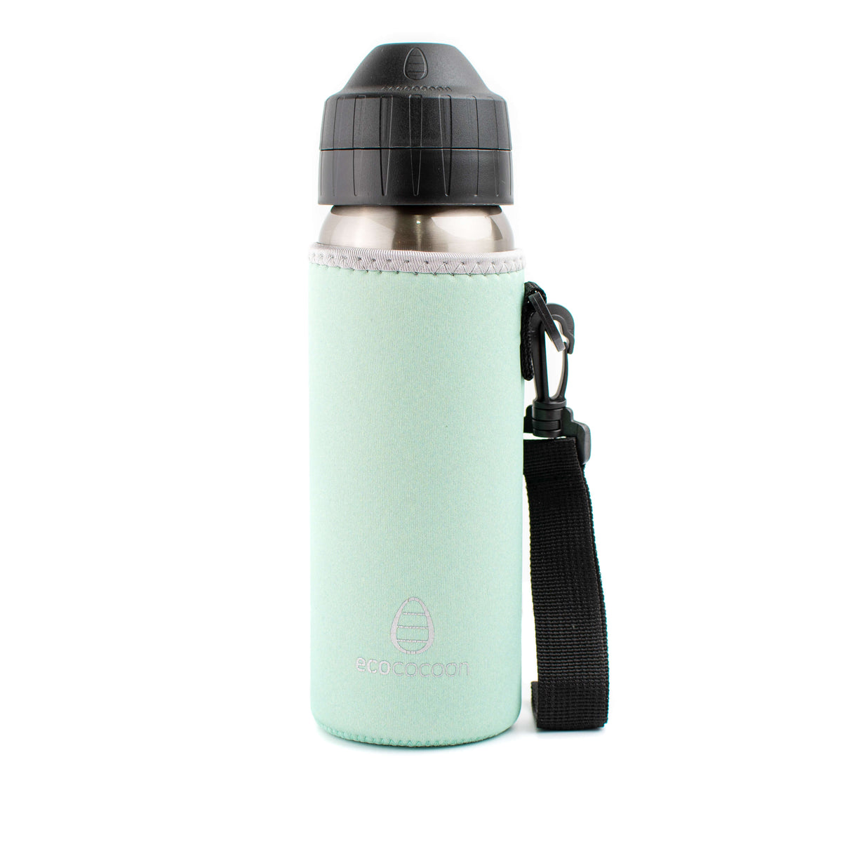 Mint green bottle cover with a black shoulder strap on a stainless steel drink bottle