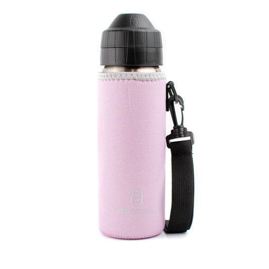 Pale pink bottle cover with a black shoulder strap on a stainless steel drink bottle