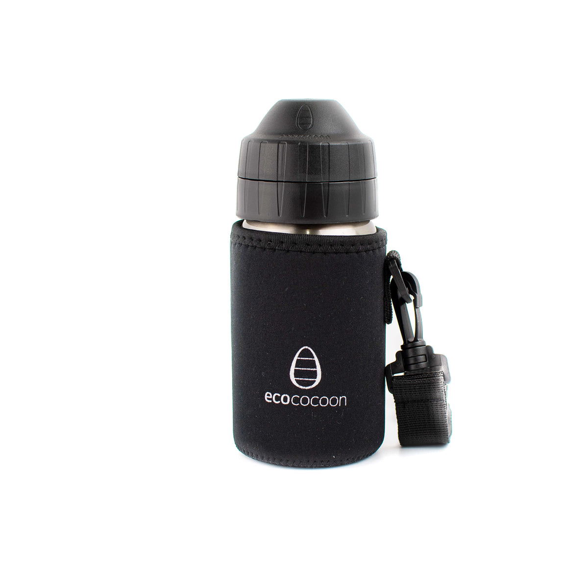 Black small bottle cover with a black shoulder strap on a stainless steel drink bottle