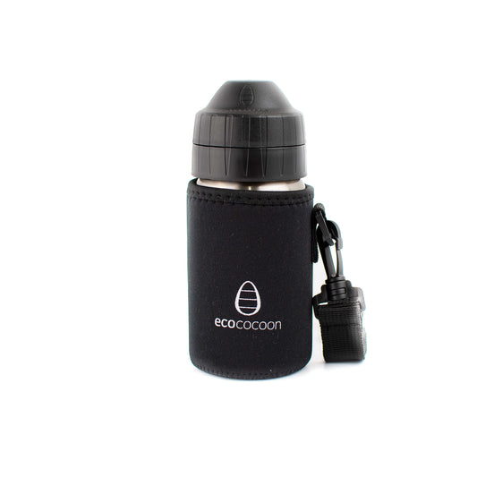 Black small bottle cover with a black shoulder strap on a stainless steel drink bottle