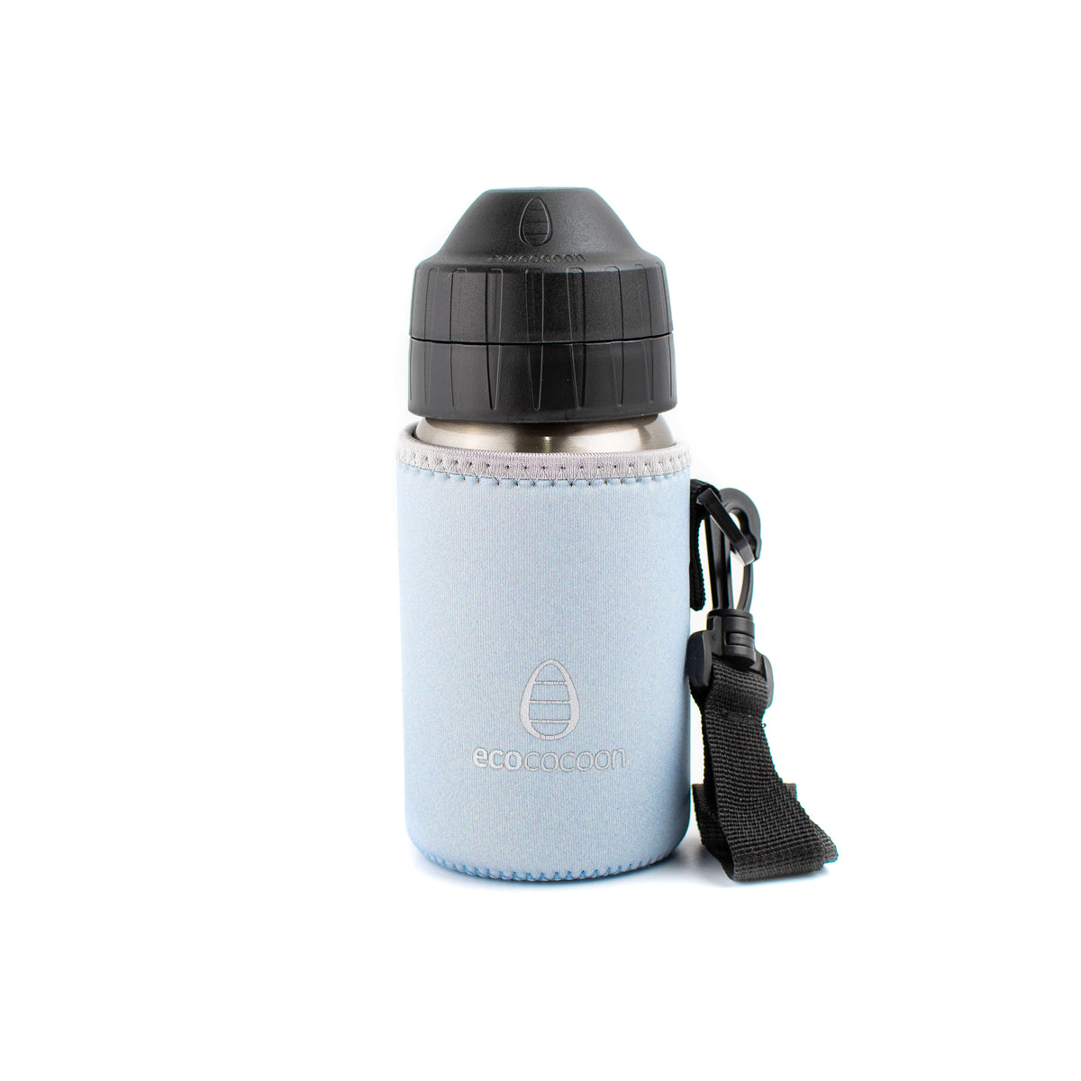 Pale blue small bottle cover with a black shoulder strap on a drink bottle