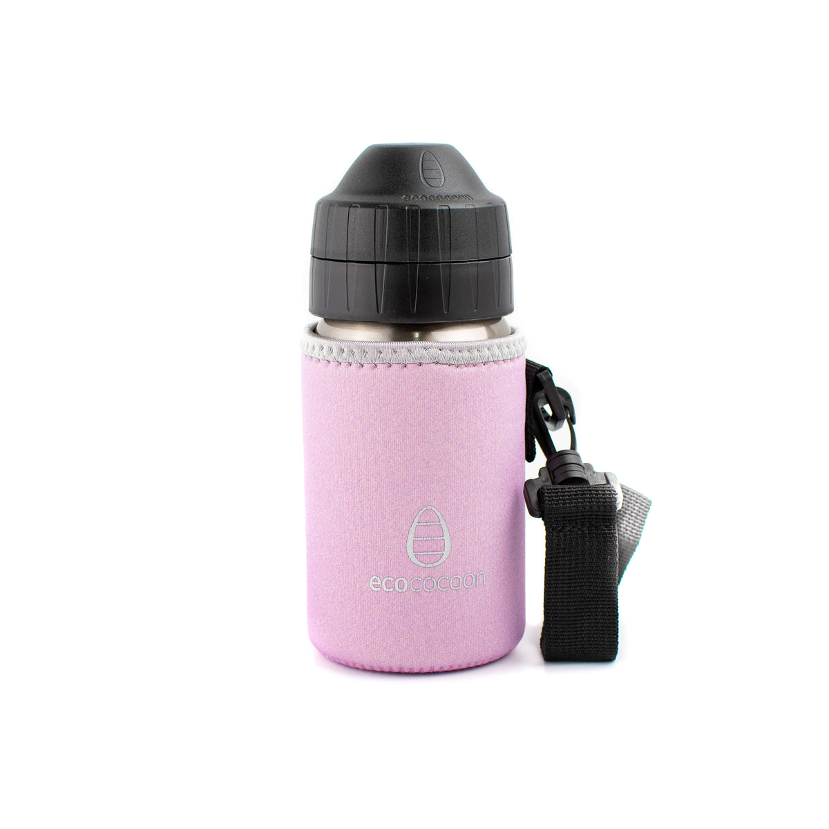 Pale pink small bottle cover with a black shoulder strap on a drink bottle