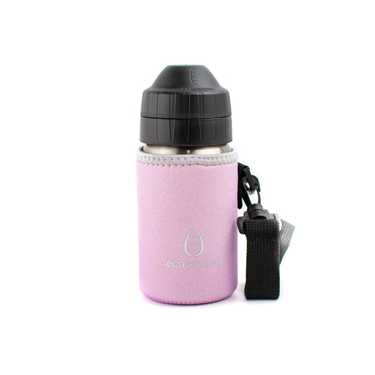Pale pink small bottle cover with a black shoulder strap on a drink bottle