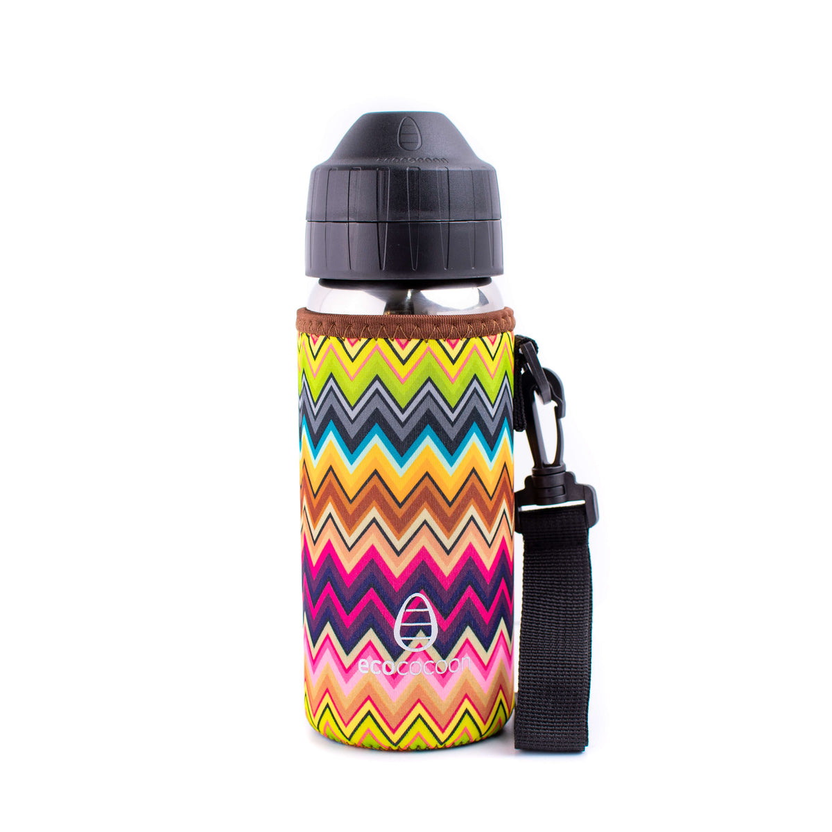 Bottle cover in a multicoloured zigzag print with a black shoulder strap
