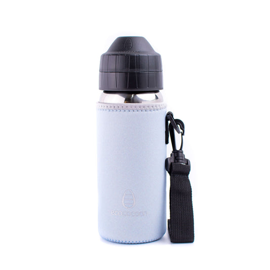Pale blue medium bottle cover with a black shoulder strap on a drink bottle