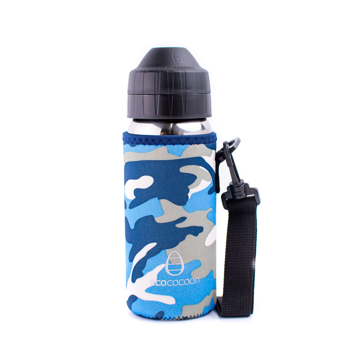 Blue camouflage medium bottle cover with a black shoulder strap