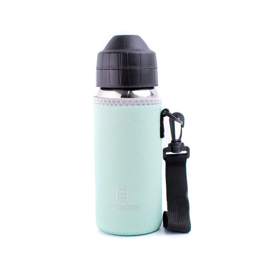 Mint green medium bottle cover with a black shoulder strap on a drink bottle