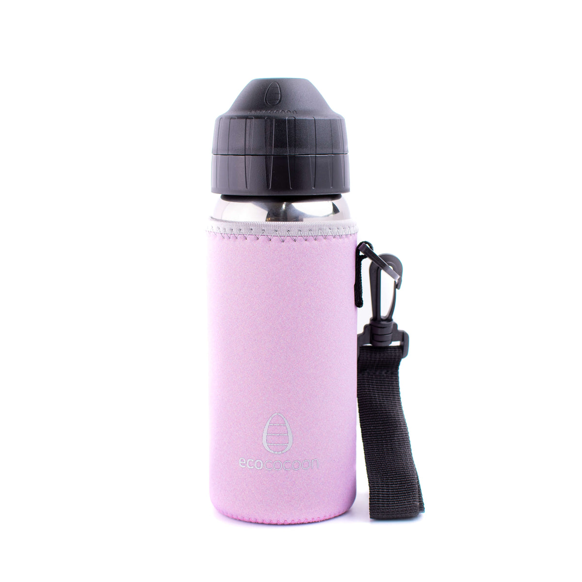 Pale pink medium bottle cover with a black shoulder strap on a drink bottle