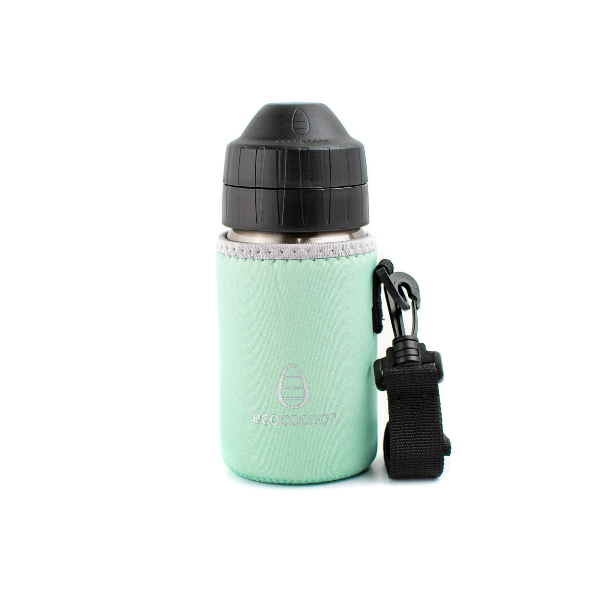 Mint green small bottle cover with a black shoulder strap on a drink bottle