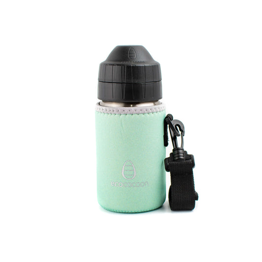 Mint green small bottle cover with a black shoulder strap on a drink bottle