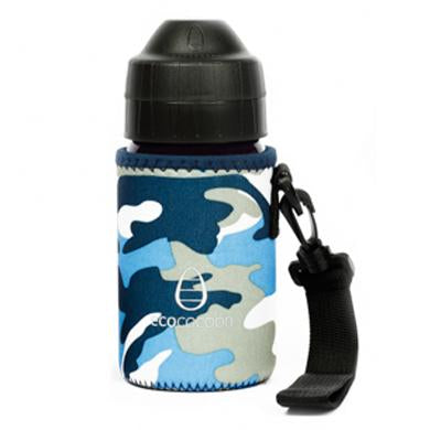 Blue camouflage small bottle cover with a black shoulder strap on a drink bottle