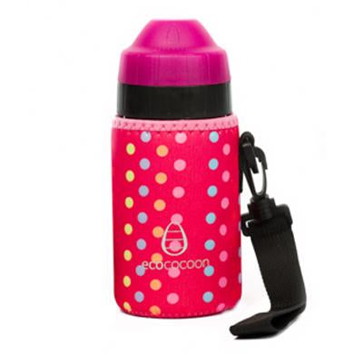 Pink small bottle cover with pastel polka dots and a pink lid on the bottle