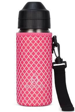 Pink medium bottle cover with a white lattice pattern and a black shoulder strap