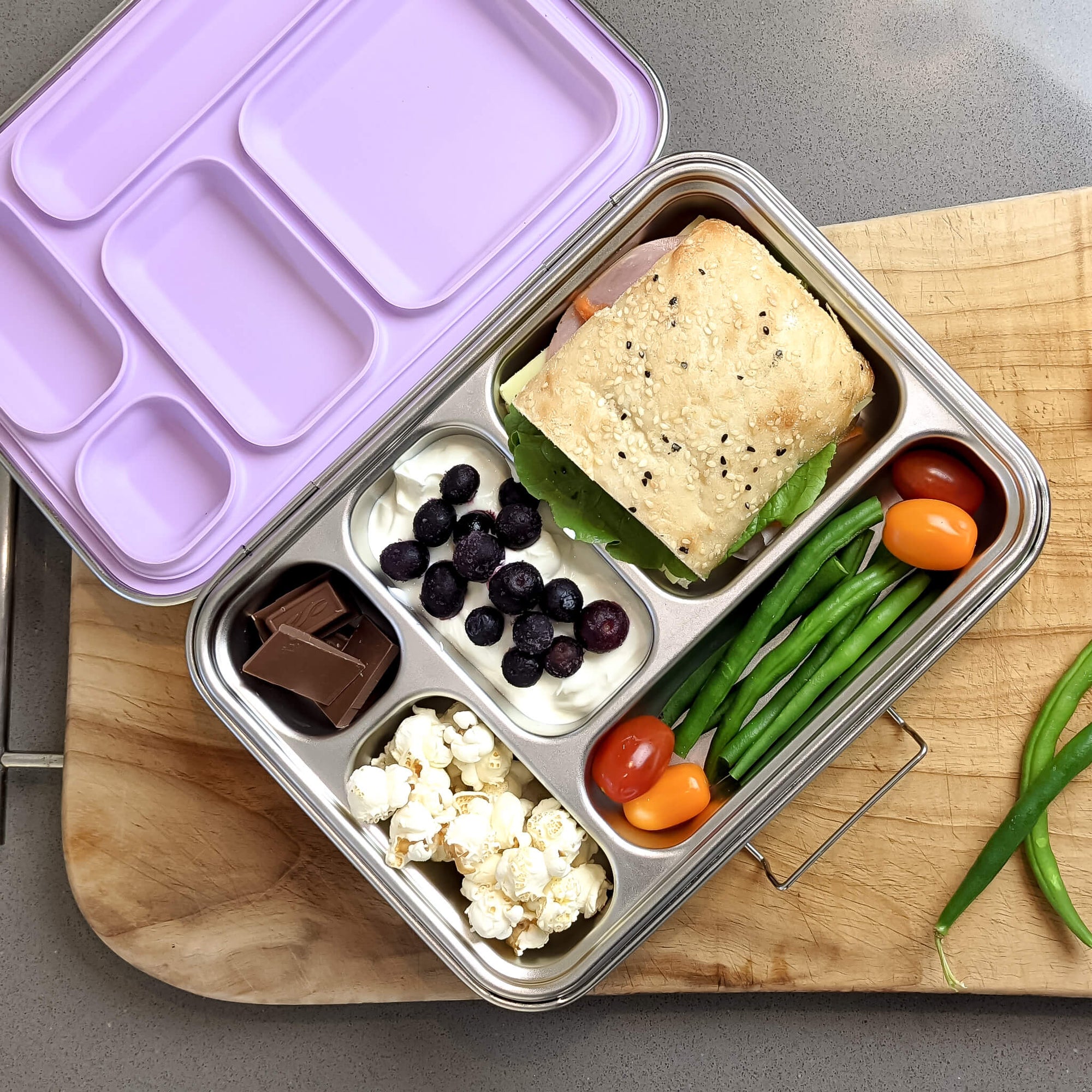 Stainless steel bento lunch box with purple lid